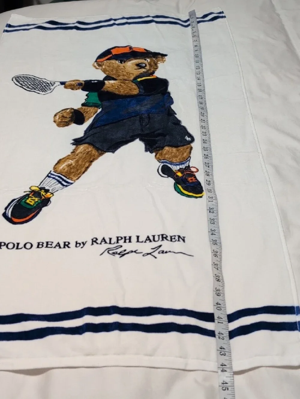 Ralph Lauren White Towel with Embroidered Tennis Bear in Navy and Orange